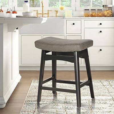 ALPHA HOME Bar Stool, Solid Wood Saddle Kitchen Stool