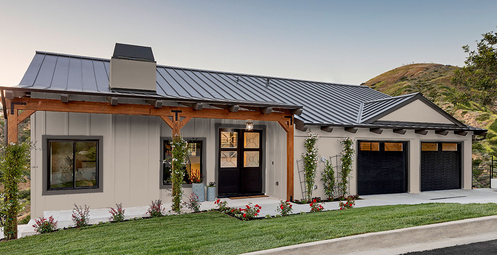 Black Farmhouse with Wood Log Rustic Charm