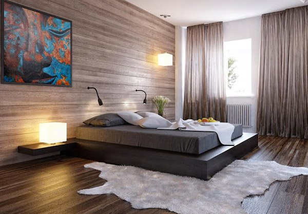 Brightened-up Bedroom with Light Installed Wooden Wall Panel