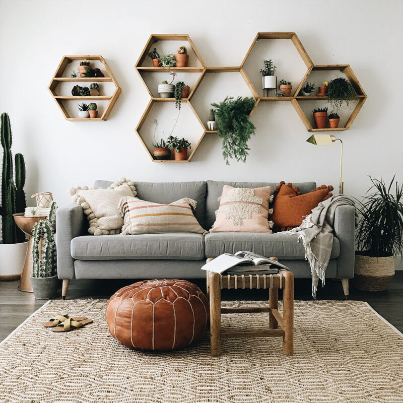 Embrace the Greenery on Shelves Behind the Couch