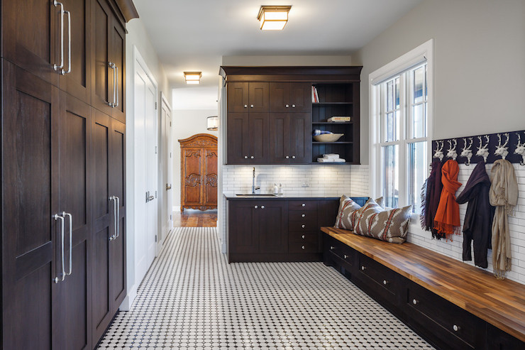 Spacious Mudroom Bench with Storage and Herringbone Tile